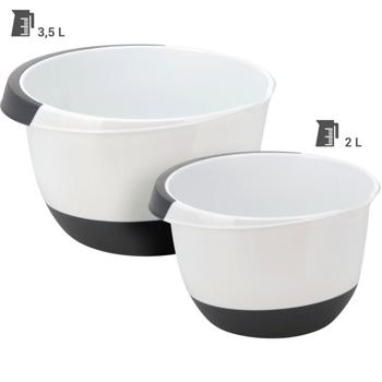 Preview: Set de Bols à Mélanger - 2 Pièces Antidérapant - Bec Verseur, Poignée, Facile à Nettoyer, Robuste - Blanc/Noir - 3.5L & 2L
