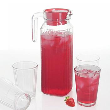 Preview: Glaskrug mit 4 Trinkgläsern - stilvolles Rillen-Design für Sprudel, Eistee, Limonade, Saft - 1100 ml Krug, 200 ml Gläser - spülmaschinenfest