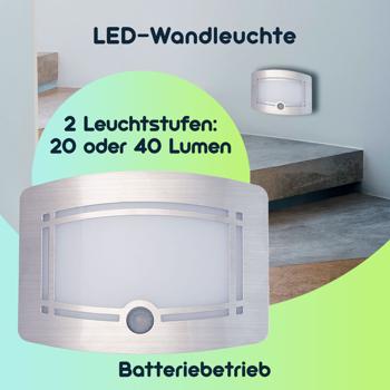 Preview: Helle Batterie-LED-Wandleuchte, Aluminium und Kunststoff, 2 Leuchtstufen 20-40 Lumen, PIR-Bewegungs- & Lichtsensor, 6 Monate StandBy