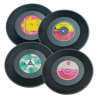 Preview: Dessous de verre vinyle set de 8 - Look rétro disque single pour cocktails fêtes boissons - Diamètre 11 cm - Déco de table fun et cool