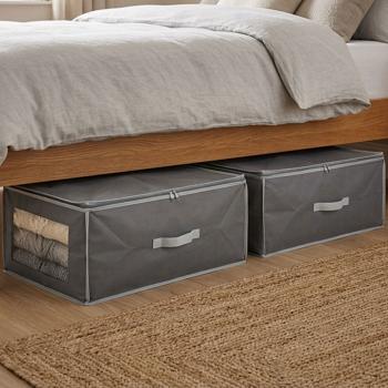 Set of 2 underbed storage boxes with viewing window & handle – 60x45x30 cm dark grey – protection against moths/dust – storage for bed linen & clothing – foldable