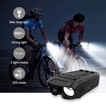 Preview: Caméra Vélo 3-en-1 Full-HD - Lumière LED 600lm & Klaxon 100dB pour Sécurité & Enregistrement - 2MP-USB-C-2500mAh-32GB-Noir