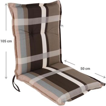 Preview: Coussin Fauteuil Jardin Bas - Motif Carreaux Brun/Gris - Rembourrage 6cm Mousse Polyester - 105x50x6cm - Attaches Élastique/Liens - Coton/Polyester - Durable