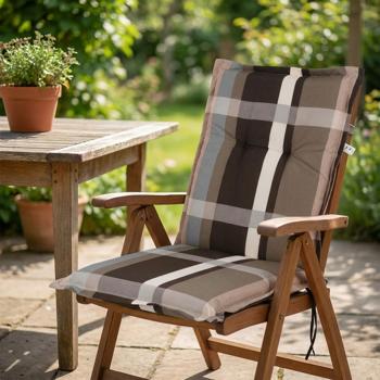Preview: Coussin Fauteuil Jardin Bas - Motif Carreaux Brun/Gris - Rembourrage 6cm Mousse Polyester - 105x50x6cm - Attaches Élastique/Liens - Coton/Polyester - Durable