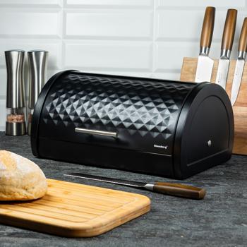 Preview: Boîte à pain avec couvercle coulissant - Acier inoxydable robuste noir - Design élégant - 38x28x18.5 cm - Gain de place - Hygiénique - Facile d‘entretien