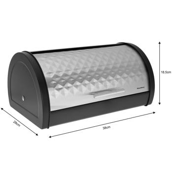 Preview: Boîte à pain moderne - Acier inoxydable argenté-noir - Couvercle rétractable hygiénique - 38x28x18.5 cm - Idéale boulangerie