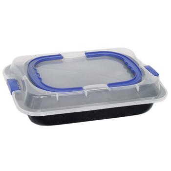 Preview: Moule à pâtisserie 2 en 1 - Plaque de cuisson métal avec couvercle & poignées plastique - Transport/Protection gâteaux/tartes - Dim: 36x24.5x5.5cm