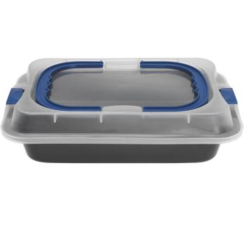 Preview: Moule à pâtisserie 2 en 1 - Plaque de cuisson métal avec couvercle & poignées plastique - Transport/Protection gâteaux/tartes - Dim: 36x24.5x5.5cm