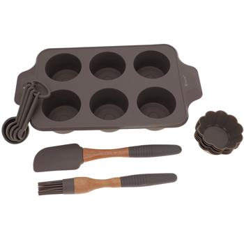 Preview: Moule à muffins silicone - kit cuisson 6 muffins individuels - 5 cuillères, spatule, pinceau - résiste 210°C - cadeau pâtissier