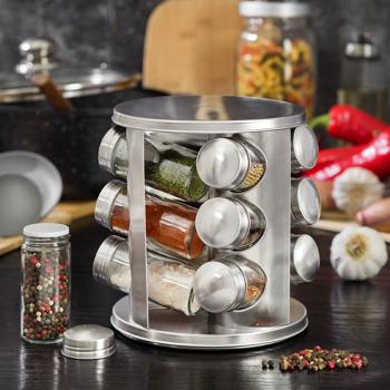 Preview: Modern stainless steel spice carousel with 12 transparent spice jars, white, - timeless spice rack - an eye-catcher for every kitchen