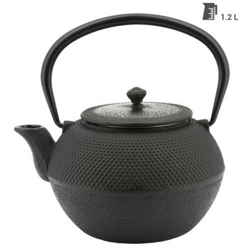Preview: Gusseiserne Teekanne - Für dunkle & helle Teesorten - Teefilter Edelstahl, 1.2 L Volumen - Robust, langlebig, wärmespeichernd, elegant schwarz
