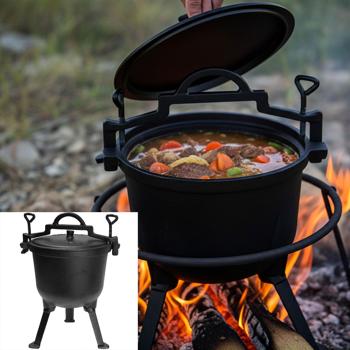 Preview: Cast iron camping cooking pot (7 liters) - campfire pot, black, lid for quick steam cooking - enamel coating - for outdoor cooking