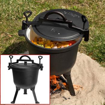Preview: Gusseisen Camping-Kochtopf (7 Liter) - Lagerfeuertopf, schwarz, Deckel für schnelles Dampfkochen - Emaille-Beschichtung - für die Outdoor-Küche