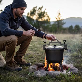 Cast iron camping cooking pot (7 liters) - campfire pot, black, lid for quick steam cooking - enamel coating - for outdoor cooking