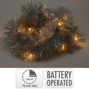 Preview: LED-Lametta Girlande Silber 2,7m - Integrierte LED-Beleuchtung & Timer - Weihnachtsgirlande batteriebetrieben IP44 - Weihnachtsbaum Christbaumschmuck