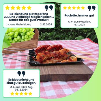 Preview: 2er-Set Grillpfännchen für Raclette & BBQ – Antihaftbeschichtete Pfännchen mit klappbarem Griff & Holzspatel – Hitzebeständig bis 260 °C Preview: 2er-Set Grillpfännchen für Raclette & BBQ – Antihaftbeschichtete Pfännchen mit klappbarem Griff & Holzspatel – Hitzebeständig bis 260 °C