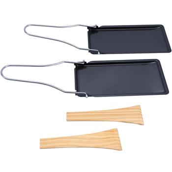 Preview: Practical set of 2 grill pans for raclette & BBQ, with foldable handle & wooden spatula, non-stick coated - ideal for cozy evenings