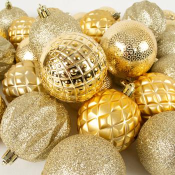 Preview: Boules de Noël - 35 pièces, couleur or, Ø 6 cm, 5 designs différents - Décoration sapin, Avent, maison, bureau - Ambiance festive