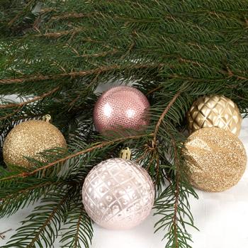 Preview: Weihnachtskugeln 35 Stk. - Ø 6 cm Rosé/Gold/Champagner - Festliche Christbaumkugeln für Adventszeit & Feiertage - 5 Designs - Edle Pastelltöne