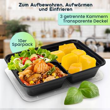 Preview: 10 Essensboxen mit Deckel & 3 Trennfächern, Meal Prep Boxen sind wiederverwendbar, BPA frei, mikrowellengeeignet, Bento-Boxen mit 1,2 l Kapazität