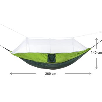 Preview: Hamac avec moustiquaire intégrée - Sommeil réparateur en extérieur - Nylon 210T, 2.6x1.4m, vert-noir, fixation arbres incluse