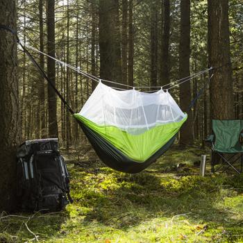 Preview: Hamac avec moustiquaire intégrée - Sommeil réparateur en extérieur - Nylon 210T, 2.6x1.4m, vert-noir, fixation arbres incluse