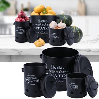 Stylish storage containers, 3 pieces, potatoes, onions, garlic, black, practical storage containers with lids and air holes