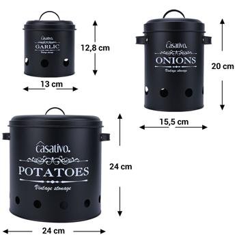 Preview: Contenitori eleganti per la conservazione, 3 pezzi, patate, cipolle, aglio, nero, pratici contenitori con coperchio e fori per l‘aria