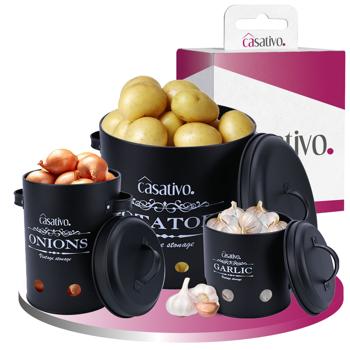 Preview: Stylish storage containers, 3 pieces, potatoes, onions, garlic, black, practical storage containers with lid and air holes