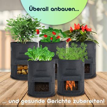 Preview: Atmungsaktive 10L Pflanzen-Wachstumssäcke aus Filz, 5er-Set, mit Tragegriffen und Sichtfenster, für Gemüse, Beeren und mehr, leicht und robust