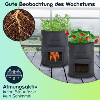 Preview: Atmungsaktive 10L Pflanzen-Wachstumssäcke aus Filz, 5er-Set, mit Tragegriffen und Sichtfenster, für Gemüse, Beeren und mehr, leicht und robust
