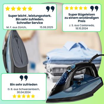 Preview: Leistungsstarkes Dampfbügeleisen mit Keramik-Bügelsohle, 2600 W, Anti-Kalk-System, 0,32 l Wassertank, vertikale Dampffunktion, blau-schwarz Preview: Leistungsstarkes Dampfbügeleisen mit Keramik-Bügelsohle, 2600 W, Anti-Kalk-System, 0,32 l Wassertank, vertikale Dampffunktion, blau-schwarz