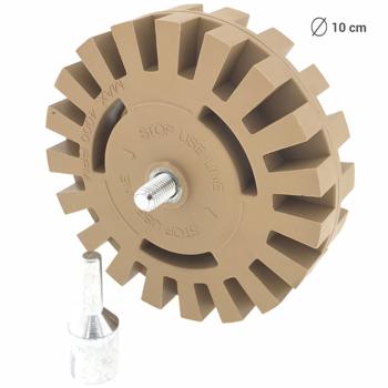 Preview: Gomme à film pour perceuse - Enlève autocollants, inscriptions sans dommage sur peinture/chrome - Molette caoutchouc Ø 10 cm - Adaptateur inclus