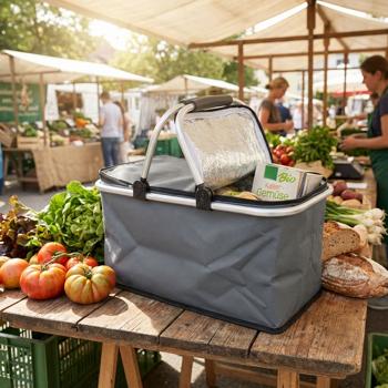 Robust thermo shopping basket 30L gray, foldable with lightweight aluminum frame - Keeps purchases perfectly cool - Large sturdy insulated basket