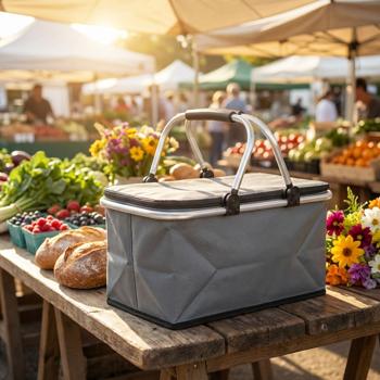 Preview: Robust thermo shopping basket 30L gray, foldable with lightweight aluminum frame - Keeps purchases perfectly cool - Large sturdy insulated basket