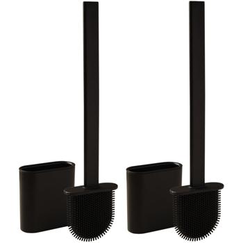 Preview: set di 2 spazzolini da toilette con setole in silicone, 2 spazzolini da toilette incl. supporto per spazzolino, nero, ad asciugatura rapida, il modo più efficiente per l‘igiene della toilette