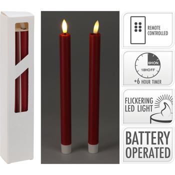 Preview: 4er-Set LED-Stabkerze rot - Sichere Kerzenstimmung mit täuschend echtem Wachsgefühl - Inkl. Fernbedienung & Timer (Ø 2x25 cm)