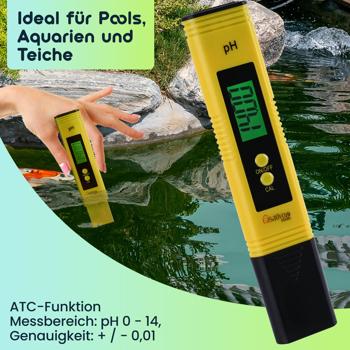 Preview: Digitales pH-Messgerät mit ATC-Funktion, LCD-Display, pH-Messbereich 0-14, präzise pH Wert Messung für Trinkwasser, Aquarien, Pools, und Teiche