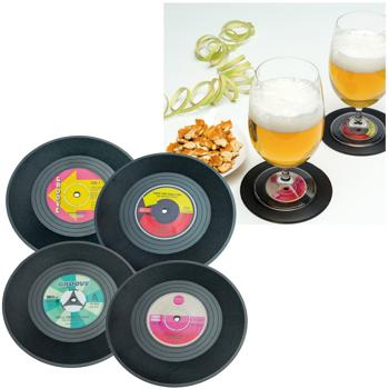 Preview: Dessous de verre vinyle set de 8 - Look rétro disque single pour cocktails fêtes boissons - Diamètre 11 cm - Déco de table fun et cool