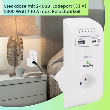 Preview: Schweizer Steckdose mit 2x USB-Ladeport - 3.1A USB-A/USB-C QC 3.0, 18W Schnellladung - Timer & Überspannungsschutz - Kindersicherung - Max. 2300W/10A