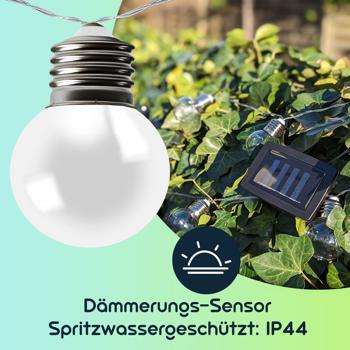 Preview: 2er-Set LED-Lichterkette mit 20 Glühbirnen-LEDs - Solarbetrieben für Gartenfeste & Balkondeko - 3,8m warmweiss, Dämmerungs-Sensor, IP44