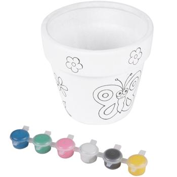 Preview: Keramik-Blumentopf zum Bemalen, 6 bunte Farben, mit Motiven bedruckt, Ø 12 cm