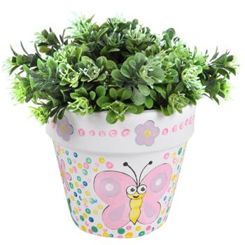 Preview: Keramik-Blumentopf zum Bemalen, 6 bunte Farben, mit Motiven bedruckt, Ø 12 cm