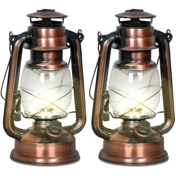 Preview: Lot 2 Lanternes Tempête LED Cuivre 25cm - Intensité Variable Lumière Blanche Chaude - Design Rétro - 15 LED - Piles AA - Intérieur