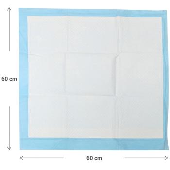 Preview: 30 alèses pour chiots, 60x60 cm, super absorbantes : anti-fuites, blanc-bleu, pour chiots ou chiens seniors, propreté maximale