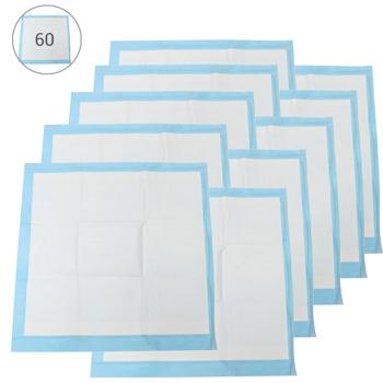 Preview: 60 alèses pour chiots, 60x60 cm, super absorbantes : anti-fuites, blanc-bleu, pour chiots ou chiens seniors, propreté maximale