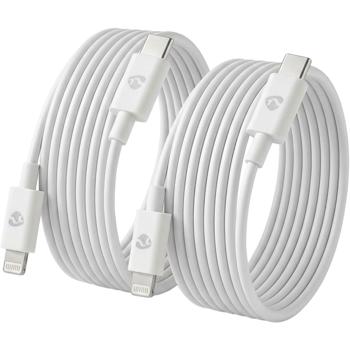 Set of 2 iPhone charging cables, MFi certified – ideal for Apple devices – 2 m PVC cable, USB‑C to Lightning, 60 W/20 V/3 A, 480 Mbit/s data transfer – white