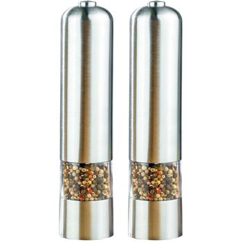 Preview: 2er-Set Elektrische Salz-/Pfeffermühle (Edelstahl) - Keramikmahlwerk, Lichtfunktion - Ø5 x 22,5 cm - für frische Gewürze auf Knopfdruck
