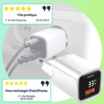 Preview: Chargeurs USB Dual Port (2 pcs) - USB-C & USB-A, charge rapide 33W Power Delivery Quick Charge - Adaptateur secteur universel 100-240V