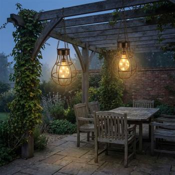 set di 2 lampade solari industriali in metallo, luce a sospensione, gancio: (18,5x18,5x27 cm), per giardino, balcone, terrazza, look vintage, resistente